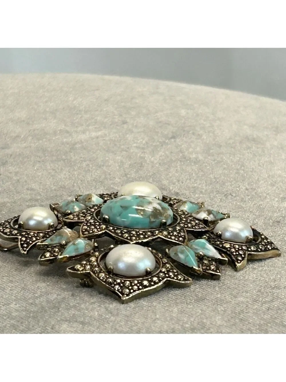 Vintage SARAH COVENTRY brooch/pendant Faux pearl  turquoise cabochon Victorian